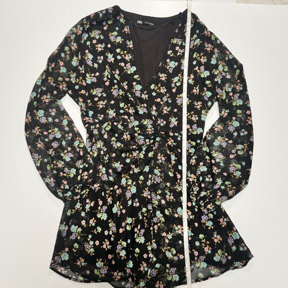Zara Black Floral Surplice Mini Dress Women's Large Balloon Cottagecore Boho - Picture 12 of 16